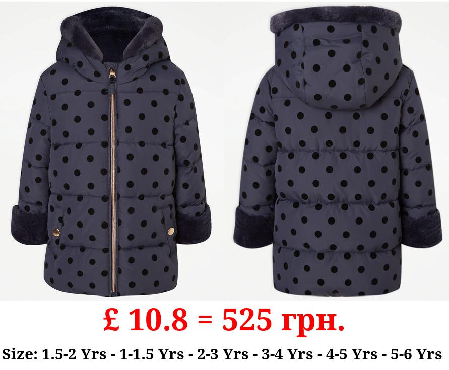 Navy Spot Longline Padded Coat