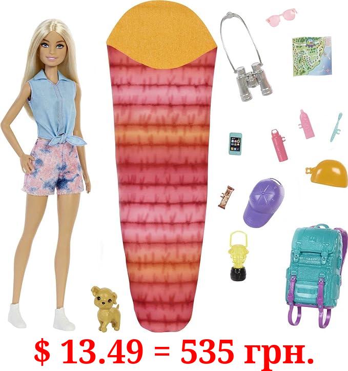 Barbie It Takes Two Doll & Accessories, Malibu Camping Playset with Doll, Pet Puppy & 10+ Accessories Including Sleeping Bag