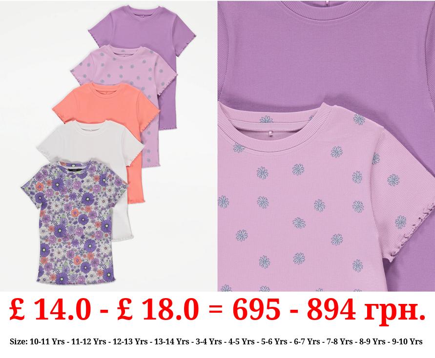 Purple Ditsy Floral Rib T-Shirts 5 Pack